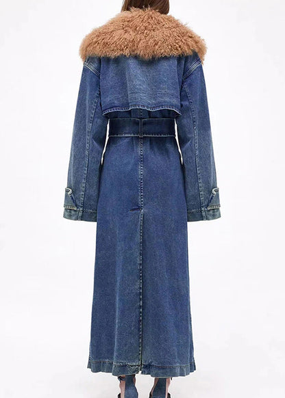 Denim Blue Fur Collar Patchwork Tie Waist Long Trench Coats Winter Rp002