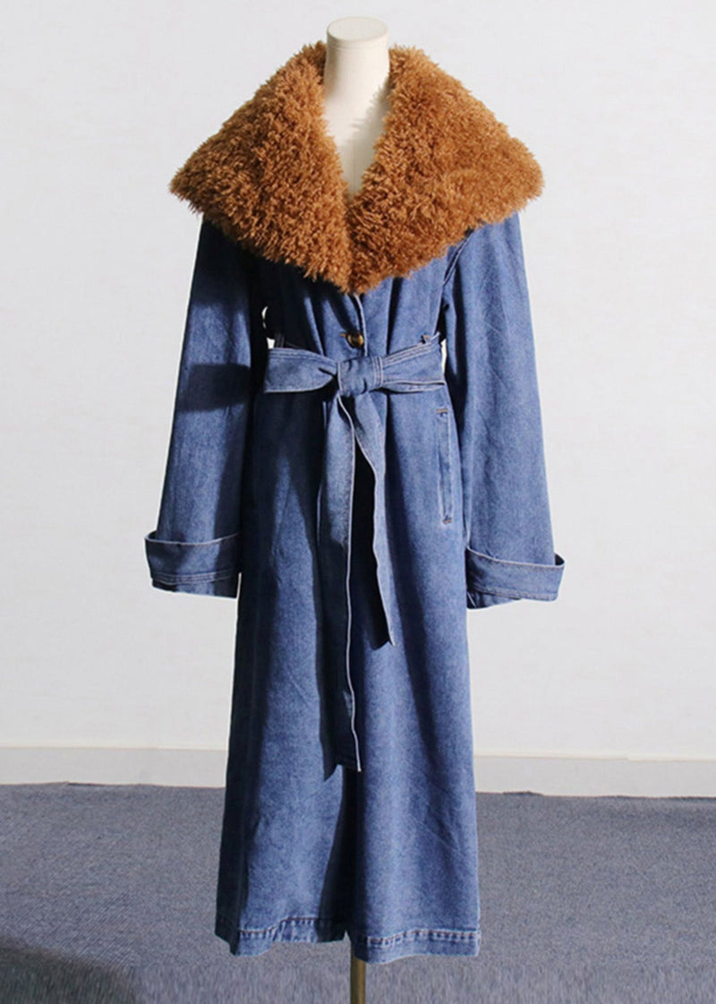 Denim Blue Fur Collar Patchwork Tie Waist Long Trench Coats Winter Rp002