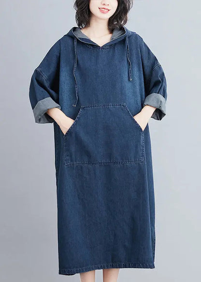 Denim Hooded Pockets Denim Long Dress