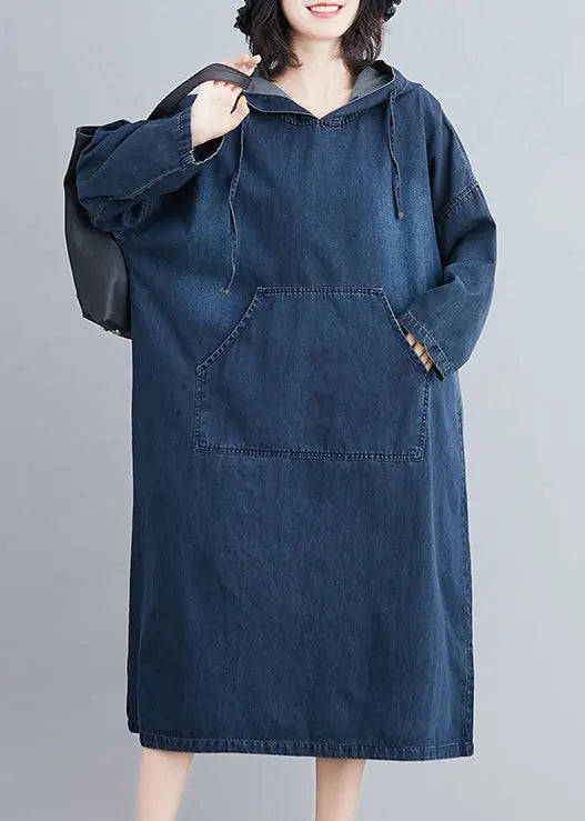 Denim Hooded Pockets Denim Long Dress