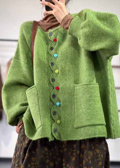 Green O Neck Pockets Button Knit Coat Spring Tj008