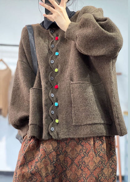 Green O Neck Pockets Button Knit Coat Spring Tj008