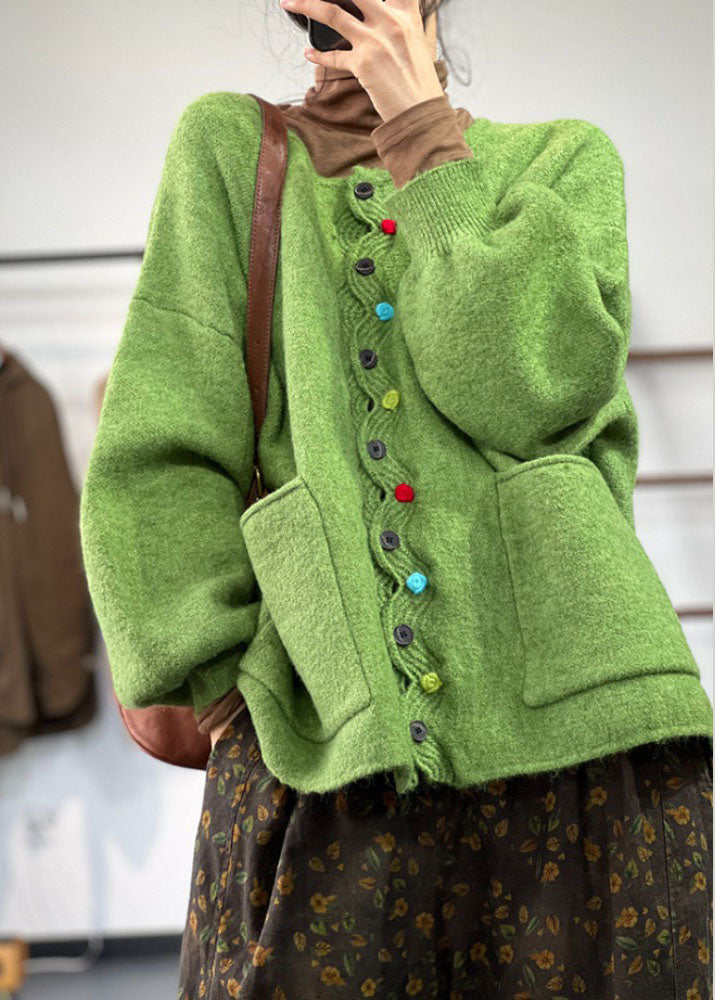 Green O Neck Pockets Button Knit Coat Spring Tj008