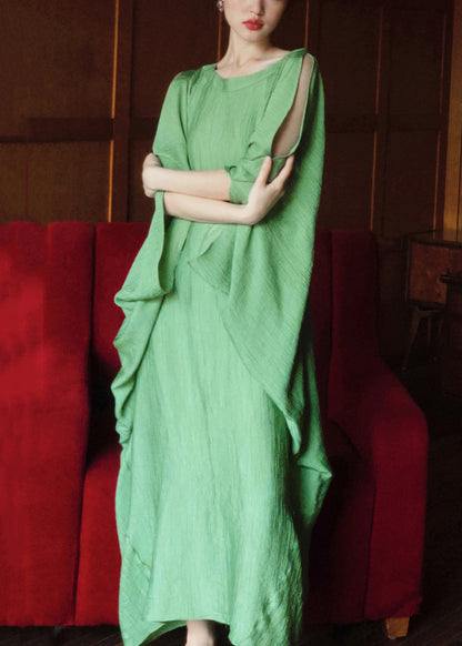 Green O Neck Cotton Long Dress Batwing Sleeve Ee1049