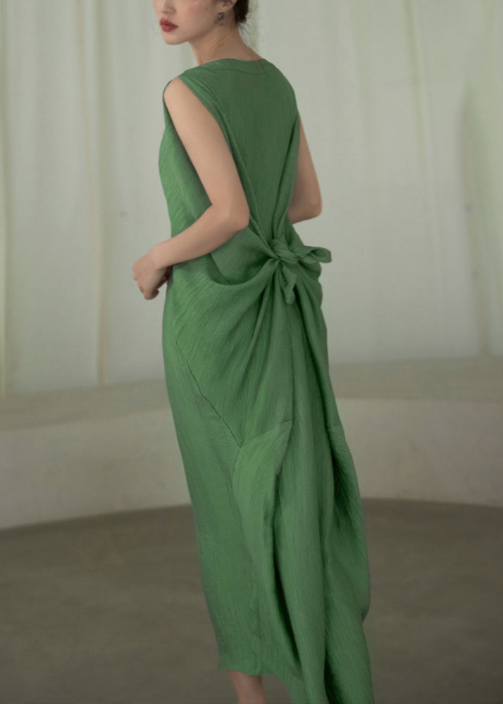 Green O Neck Cotton Long Dress Batwing Sleeve Ee1049