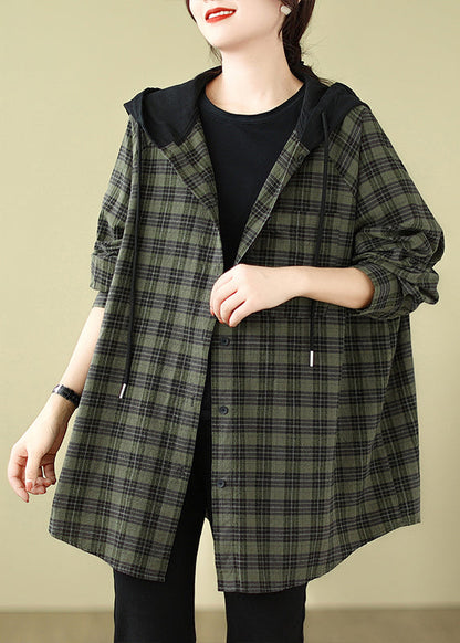 Green Plaid Cotton Hooded Shirts Coat Spring Tj028
