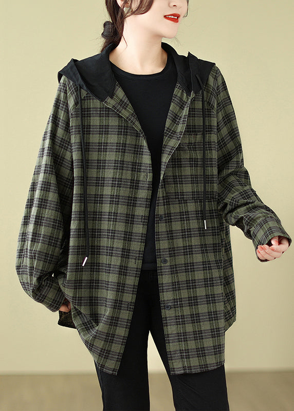 Green Plaid Cotton Hooded Shirts Coat Spring Tj028