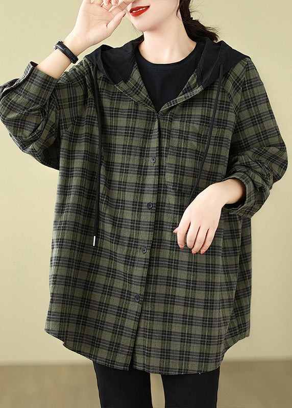 Green Plaid Cotton Hooded Shirts Coat Spring Tj028