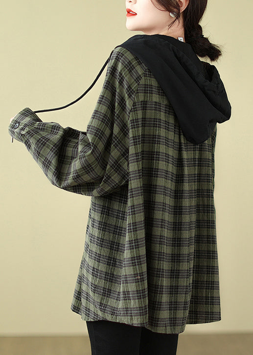 Green Plaid Cotton Hooded Shirts Coat Spring Tj028