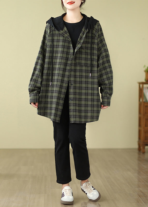 Green Plaid Cotton Hooded Shirts Coat Spring Tj028
