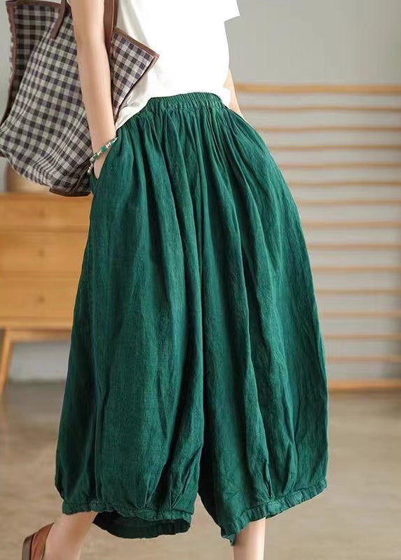 Green Pockets Linen Crop Pants Summer Vv063