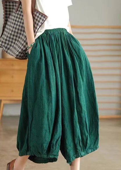 Green Pockets Linen Crop Pants Summer Vv063