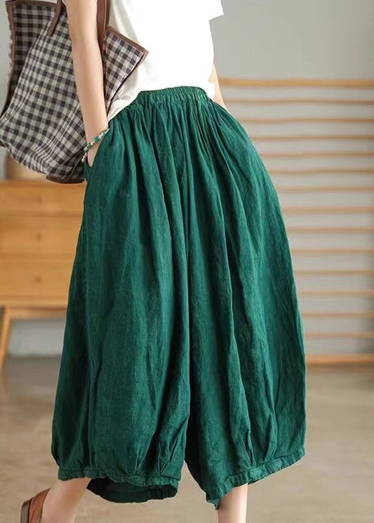 Green Pockets Linen Crop Pants Summer Vv063