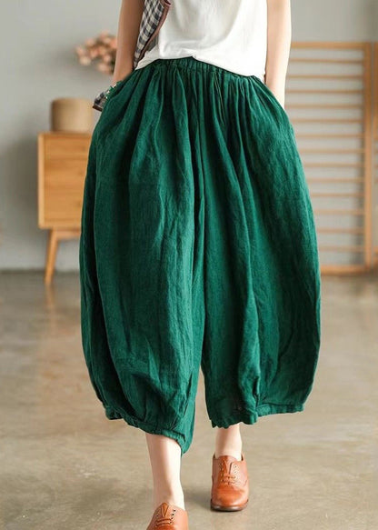 Green Pockets Linen Crop Pants Summer Vv063