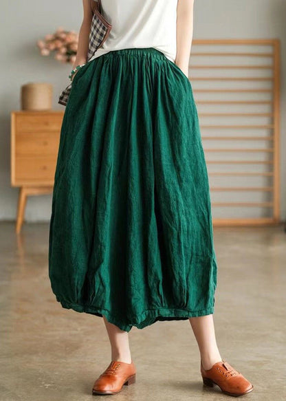 Green Pockets Linen Crop Pants Summer Vv063