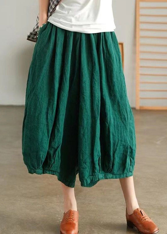 Green Pockets Linen Crop Pants Summer Vv063