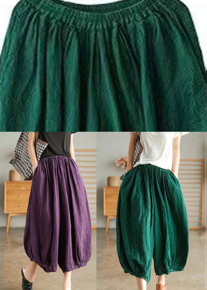 Green Pockets Linen Crop Pants Summer Vv063