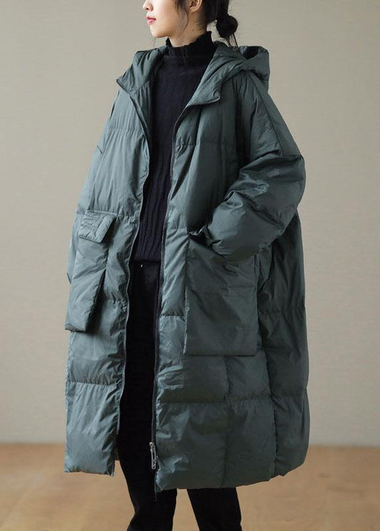 Green Hooded Zippered Pockets Winter Down Coat Long Sleeve Qs034