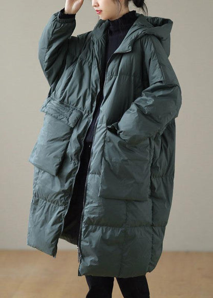 Green Hooded Zippered Pockets Winter Down Coat Long Sleeve Qs034