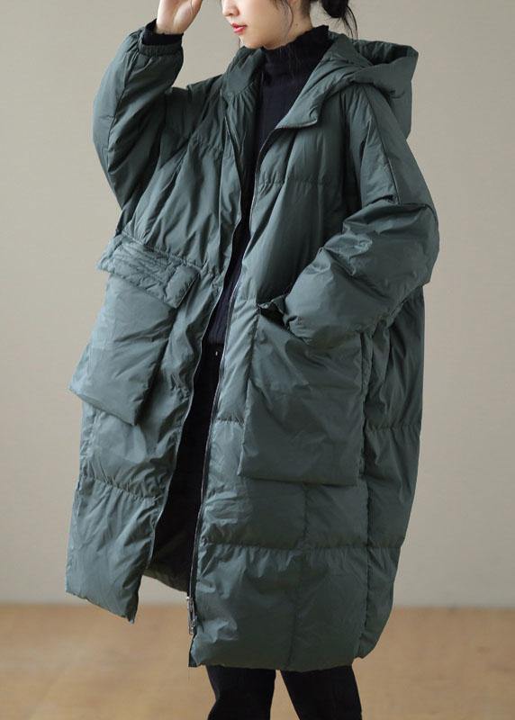 Green Hooded Zippered Pockets Winter Down Coat Long Sleeve Qs034
