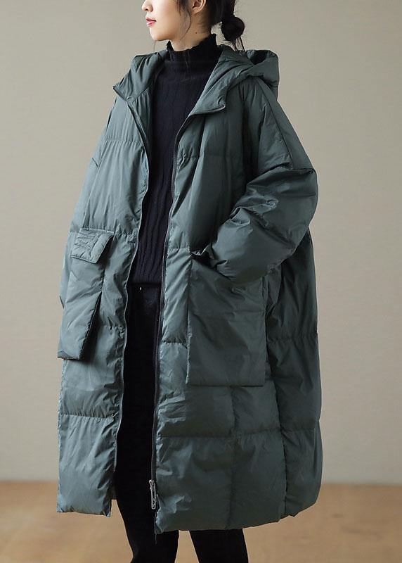 Green Hooded Zippered Pockets Winter Down Coat Long Sleeve Qs034