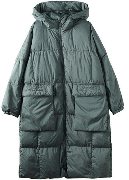 Green Hooded Zippered Pockets Winter Down Coat Long Sleeve Qs034