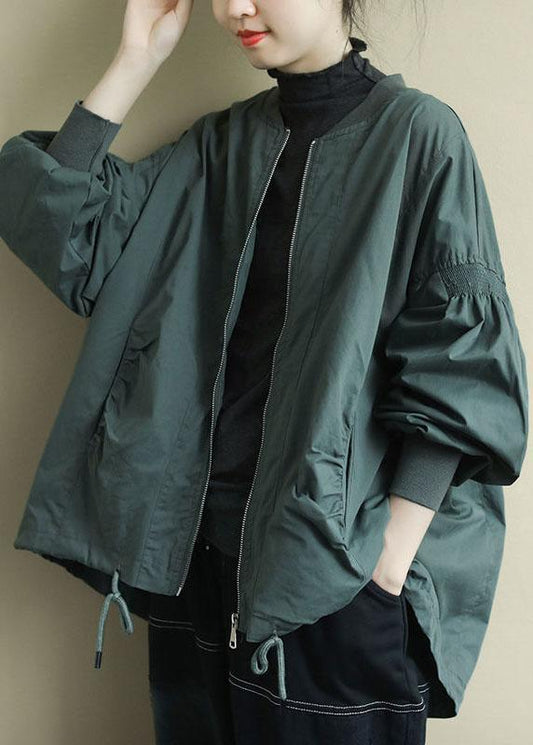 Green Zippered Pockets Low High Design Fall Coat Long Sleeve Qs056