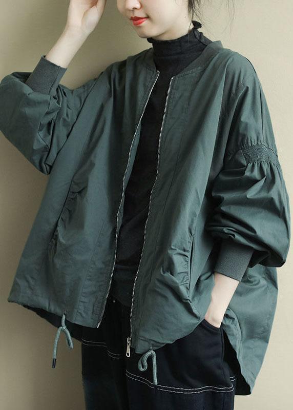 Green Zippered Pockets Low High Design Fall Coat Long Sleeve Qs056