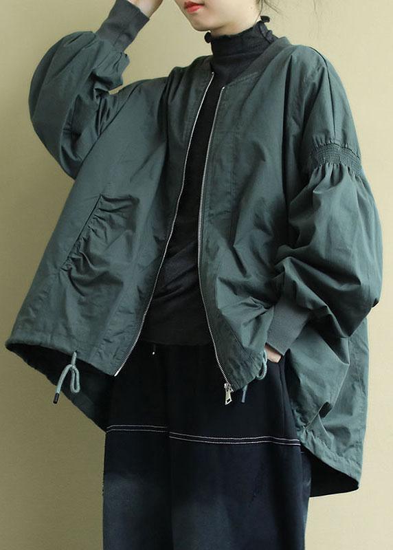 Green Zippered Pockets Low High Design Fall Coat Long Sleeve Qs056