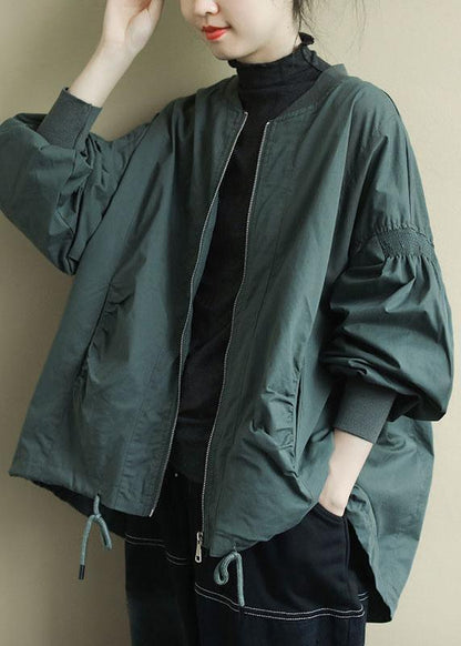 Green Zippered Pockets Low High Design Fall Coat Long Sleeve Qs056