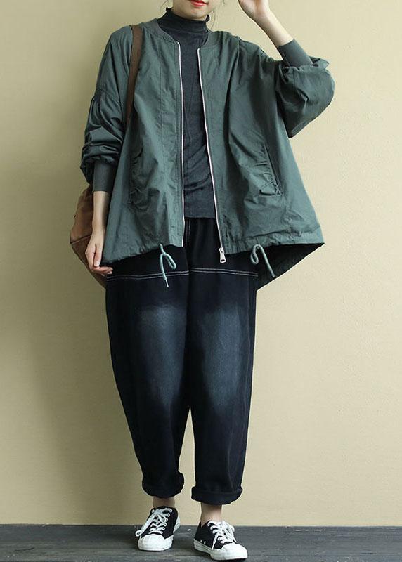 Green Zippered Pockets Low High Design Fall Coat Long Sleeve Qs056