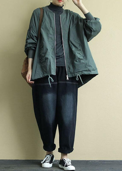 Green Zippered Pockets Low High Design Fall Coat Long Sleeve Qs056
