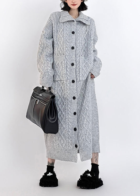 Grey Hign Neck Button Long Knit Cardigan Winter Rs033