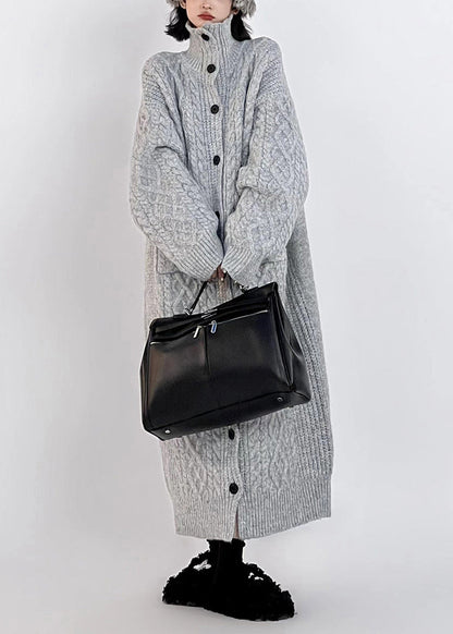 Grey Hign Neck Button Long Knit Cardigan Winter Rs033