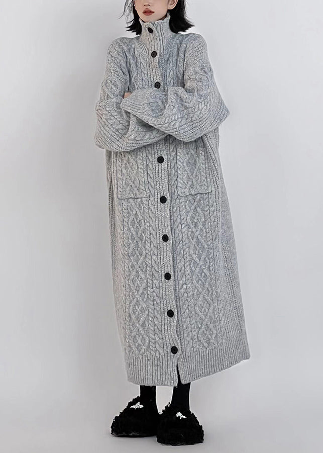 Grey Hign Neck Button Long Knit Cardigan Winter Rs033