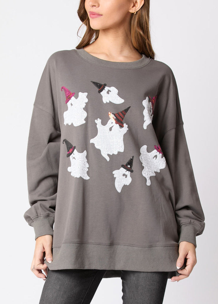 Grey O Neck Print Cotton Sweatshirts Fall Ae1035