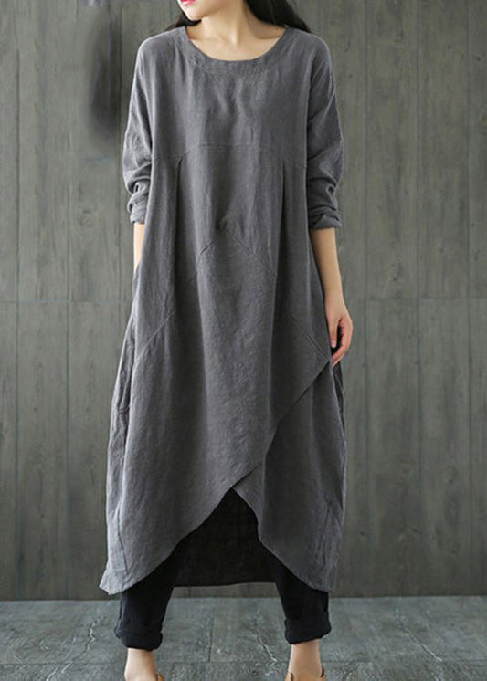 Grey Patchwork Linen Long Dresses Spring Lc0010