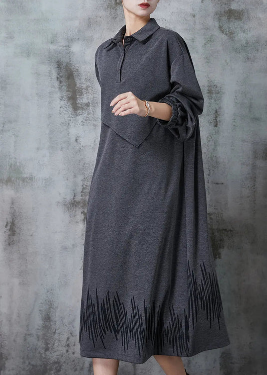 Grey Peter Pan Collar Patchwork Cotton Maxi Dresses Spring Jk1030