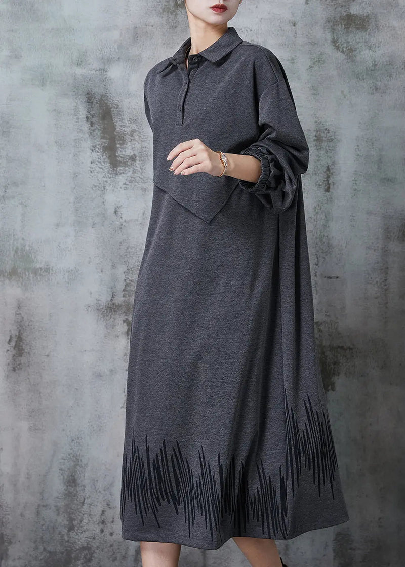 Grey Peter Pan Collar Patchwork Cotton Maxi Dresses Spring Jk1030