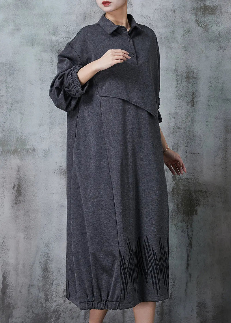 Grey Peter Pan Collar Patchwork Cotton Maxi Dresses Spring Jk1030
