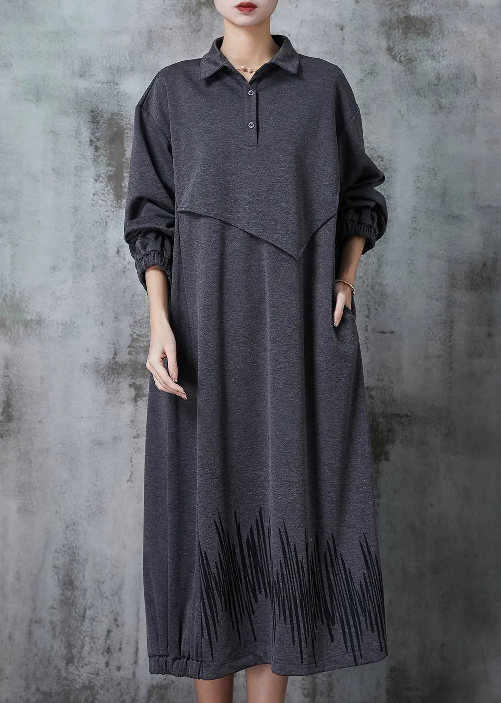 Grey Peter Pan Collar Patchwork Cotton Maxi Dresses Spring Jk1030