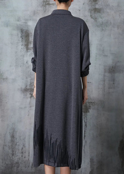 Grey Peter Pan Collar Patchwork Cotton Maxi Dresses Spring Jk1030