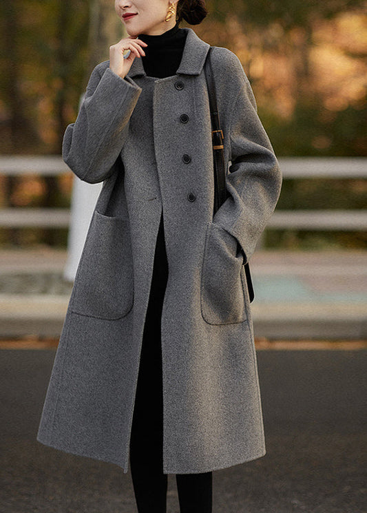 Grey Peter Pan Collar Pockets Woolen Coats Winter Rs030
