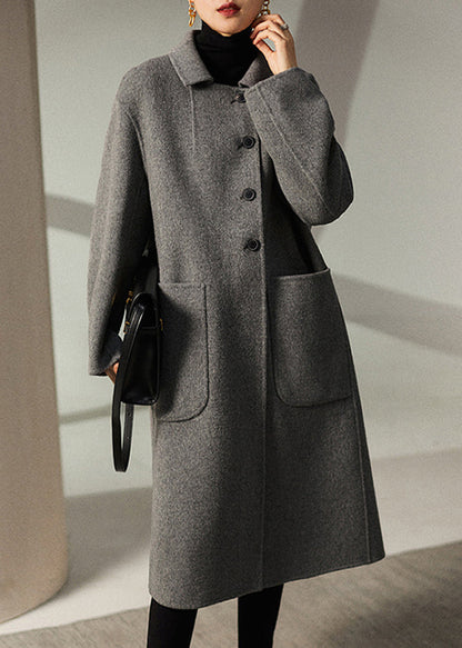 Grey Peter Pan Collar Pockets Woolen Coats Winter Rs030