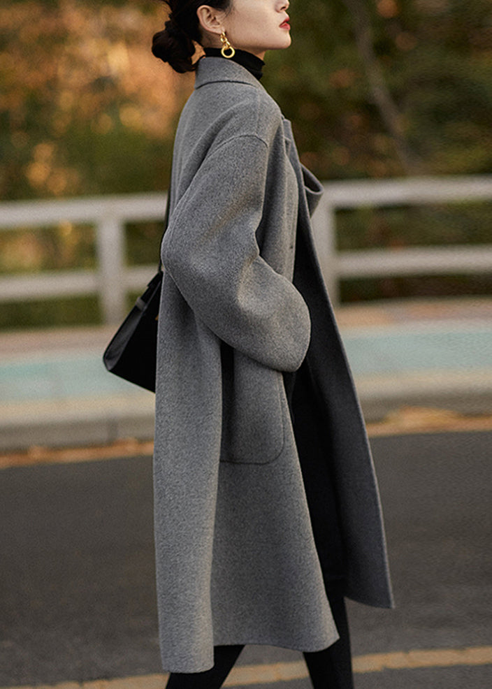 Grey Peter Pan Collar Pockets Woolen Coats Winter Rs030