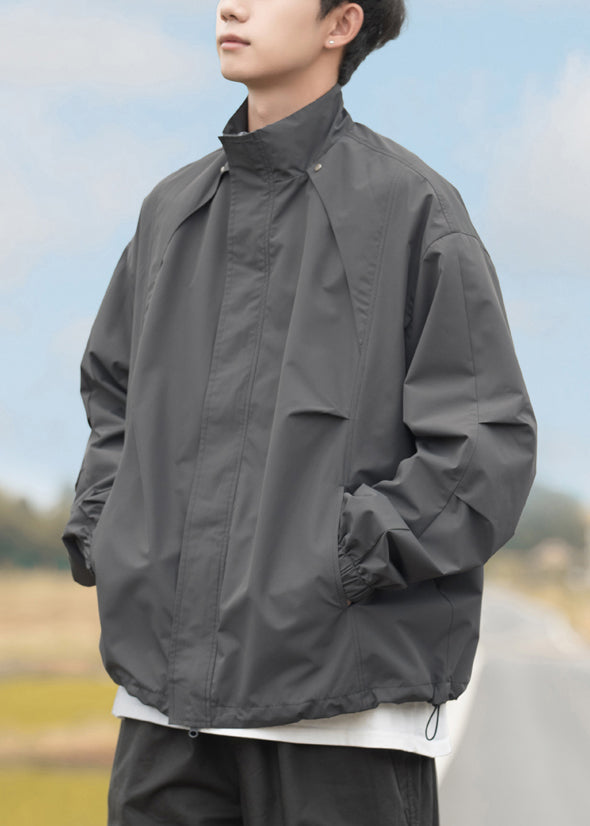 Collar Drawstring Grey Plus Stand Size Coats Cotton