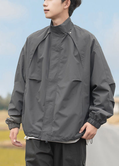 Collar Drawstring Grey Plus Stand Size Coats Cotton