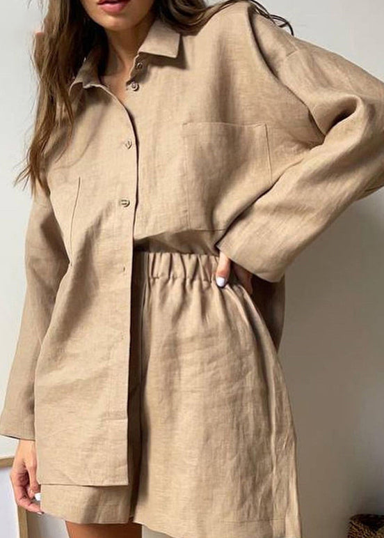 Khaki Peter Pan Collar Shirt and Shorts Two Piece Set Spring Ly1942