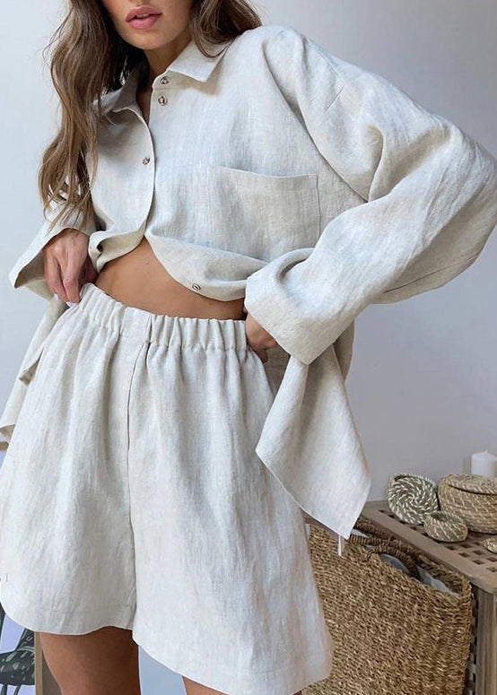 Khaki Peter Pan Collar Shirt and Shorts Two Piece Set Spring Ly1942
