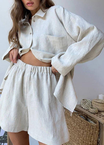 Khaki Peter Pan Collar Shirt and Shorts Two Piece Set Spring Ly1942